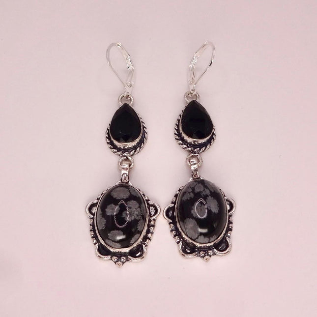 Vintage Snowflake obsidian Black Onyx Dangle Earrings Sterling Silver Leverbacks