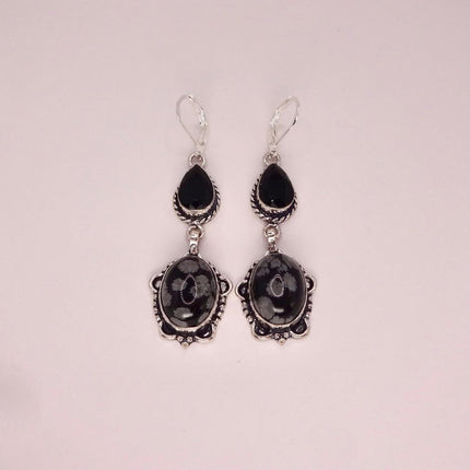 Vintage Snowflake obsidian Black Onyx Dangle Earrings Sterling Silver Leverbacks