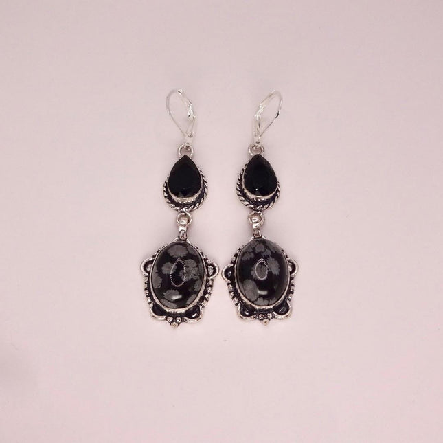 Vintage Snowflake obsidian Black Onyx Dangle Earrings Sterling Silver Leverbacks