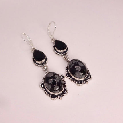 Vintage Snowflake obsidian Black Onyx Dangle Earrings Sterling Silver Leverbacks