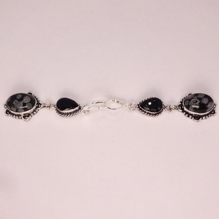 Vintage Snowflake obsidian Black Onyx Dangle Earrings Sterling Silver Leverbacks