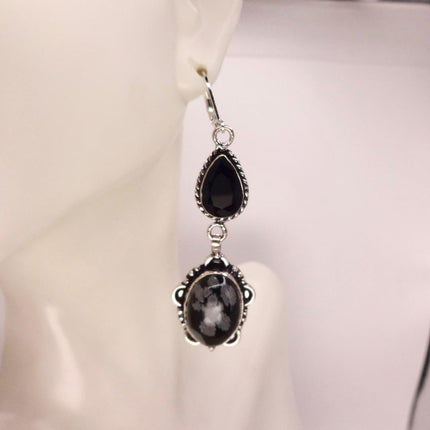 Vintage Snowflake obsidian Black Onyx Dangle Earrings Sterling Silver Leverbacks