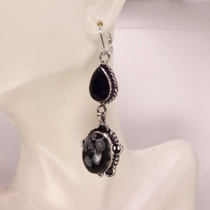 Vintage Snowflake obsidian Black Onyx Dangle Earrings Sterling Silver Leverbacks