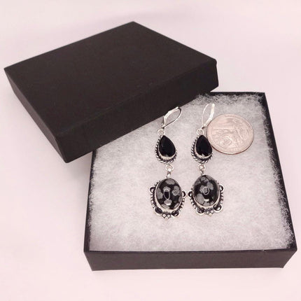 Vintage Snowflake obsidian Black Onyx Dangle Earrings Sterling Silver Leverbacks