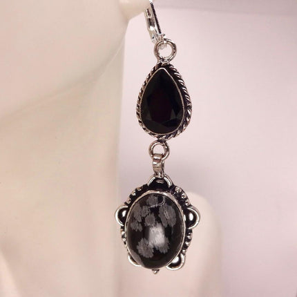 Vintage Snowflake obsidian Black Onyx Dangle Earrings Sterling Silver Leverbacks