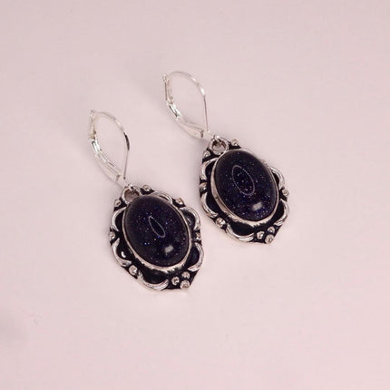 Vintage Black Goldstone Dangle Earrings Sterling Silver Leverbacks