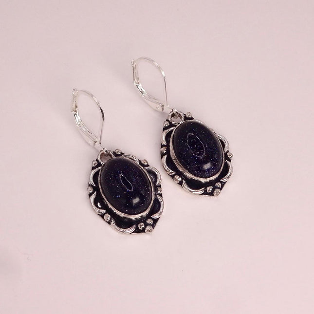 Vintage Black Goldstone Dangle Earrings Sterling Silver Leverbacks
