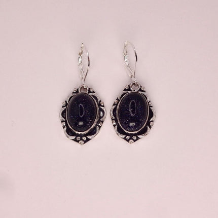 Vintage Black Goldstone Dangle Earrings Sterling Silver Leverbacks