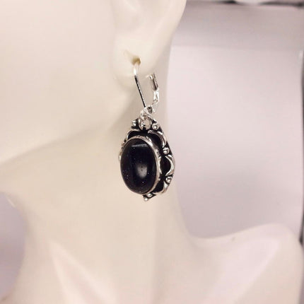 Vintage Black Goldstone Dangle Earrings Sterling Silver Leverbacks