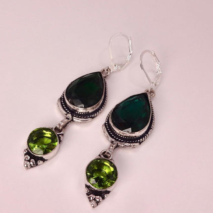 Vintage Green Peridot Glass Silver Earrings | 925 sterling Silver Lever Backs