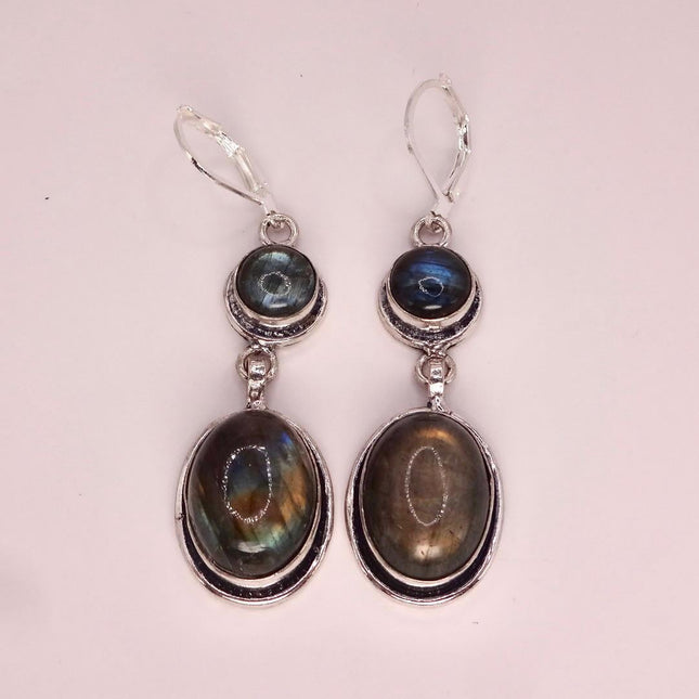 Vintage Labradorite Dangle Earrings Sterling Silver Leverbacks