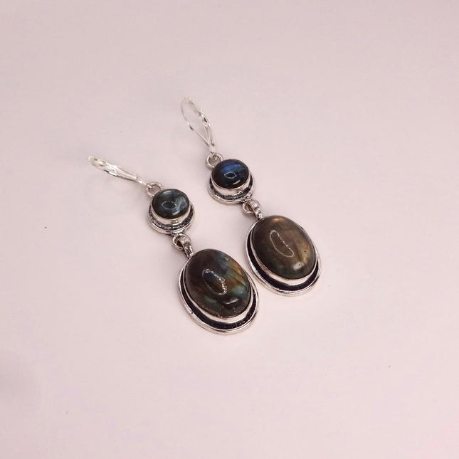Vintage Labradorite Dangle Earrings Sterling Silver Leverbacks