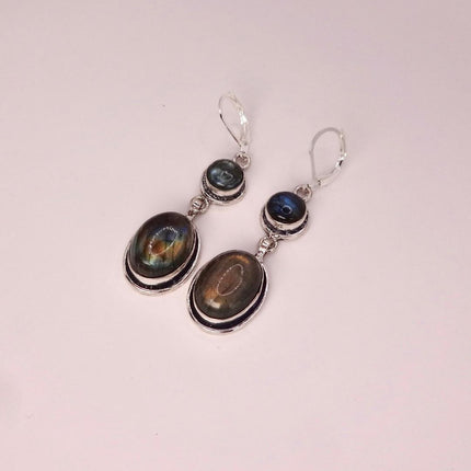 Vintage Labradorite Dangle Earrings Sterling Silver Leverbacks