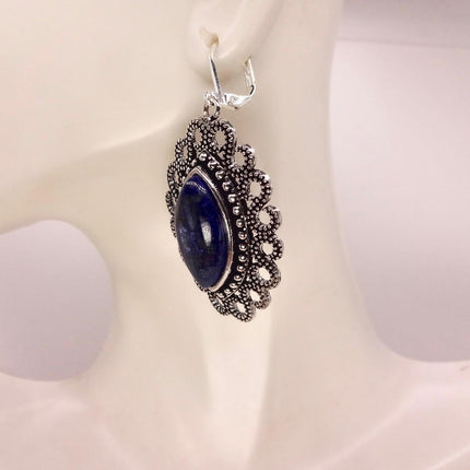 Vintage Cobalt Blue Lapis Lazuli Silver Earrings | 925 sterling Silver Lever Backs