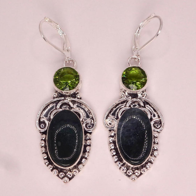 Vintage Moss Agate Peridot Silver Earrings | 925 sterling Silver Lever Backs