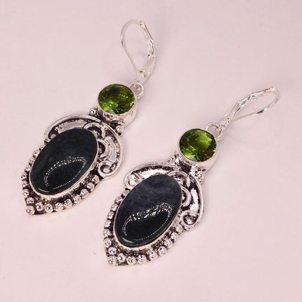 Vintage Moss Agate Peridot Silver Earrings | 925 sterling Silver Lever Backs