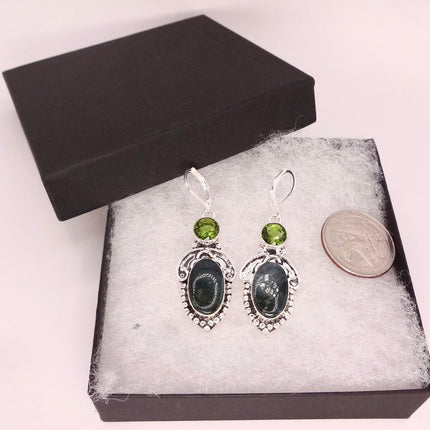 Vintage Moss Agate Peridot Silver Earrings | 925 sterling Silver Lever Backs