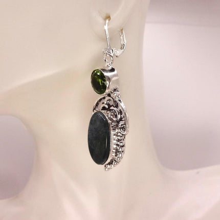Vintage Moss Agate Peridot Silver Earrings | 925 sterling Silver Lever Backs