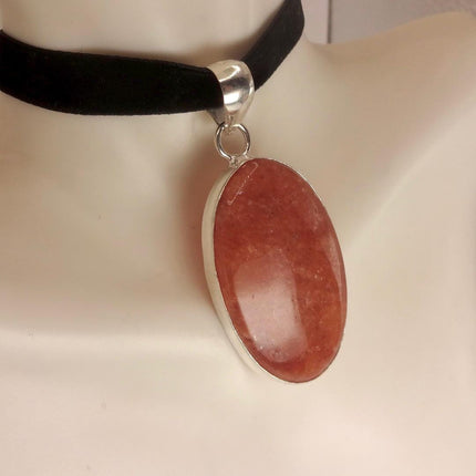 Vintage Orange Sunstone Black Velvet Choker White Bronze Necklace