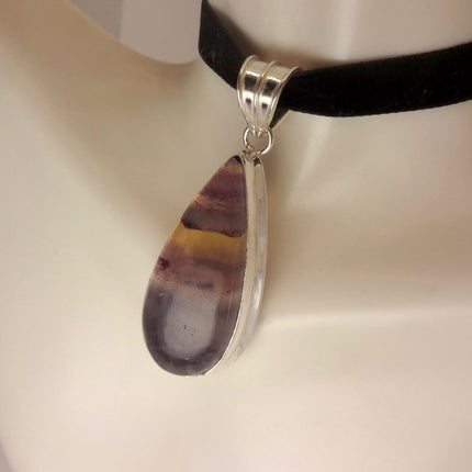 Vintage Silver Bronze Purple Green Fluorite Black Velvet Choker Pendant Necklace