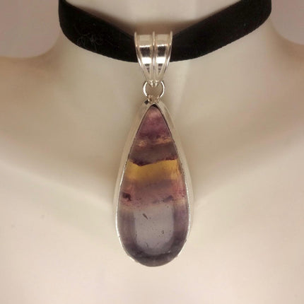 Vintage Silver Bronze Purple Green Fluorite Black Velvet Choker Pendant Necklace