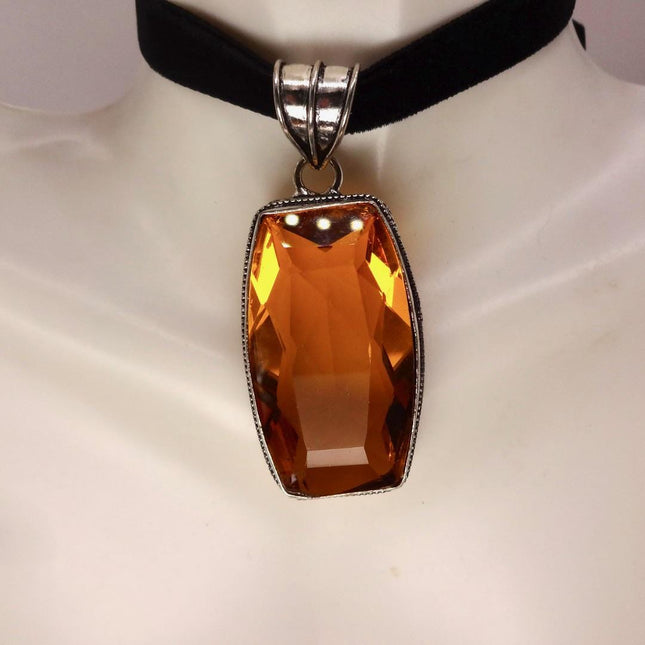 Vintage Pink Yellow Glass Silver Boho Statement Necklace Black Velvet Choker