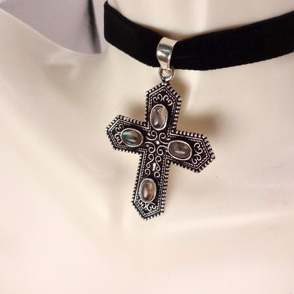 Vintage Pink Rose Quartz Cross Silver Bronze Black Velvet Choker Necklace