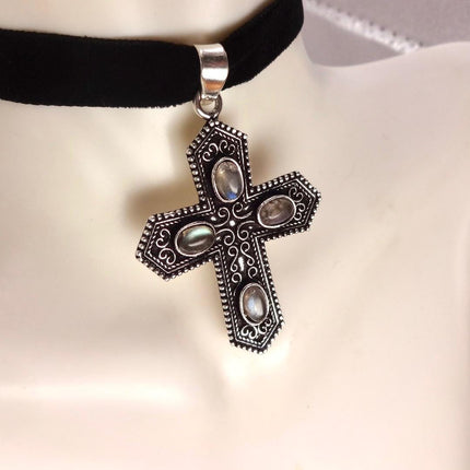 Vintage Pink Rose Quartz Cross Silver Bronze Black Velvet Choker Necklace