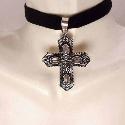 Vintage Pink Rose Quartz Cross Silver Bronze Black Velvet Choker Necklace