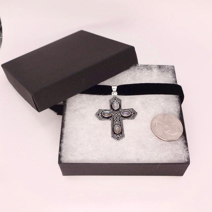 Vintage Pink Rose Quartz Cross Silver Bronze Black Velvet Choker Necklace