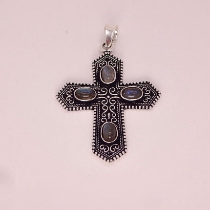 Vintage Pink Rose Quartz Cross Silver Bronze Black Velvet Choker Necklace
