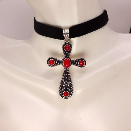 Vintage Red Cross Silver Bronze Black Velvet Choker Necklace