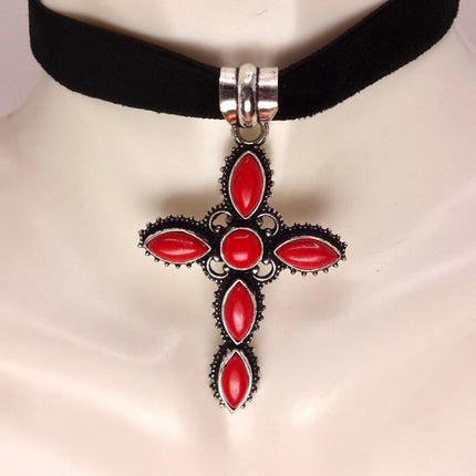 Vintage Red Cross Silver Bronze Black Velvet Choker Necklace