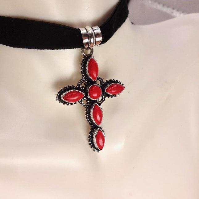 Vintage Red Cross Silver Bronze Black Velvet Choker Necklace