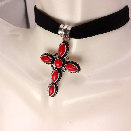 Vintage Red Cross Silver Bronze Black Velvet Choker Necklace