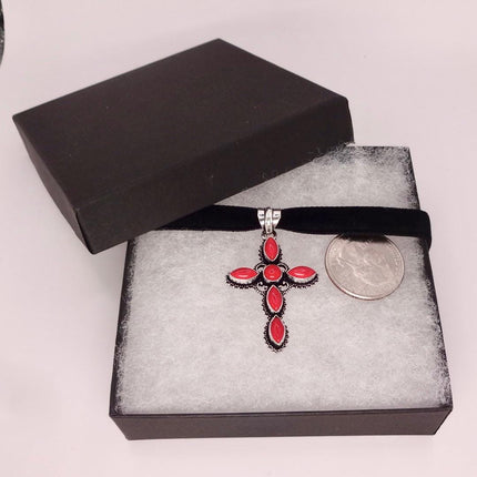 Vintage Red Cross Silver Bronze Black Velvet Choker Necklace