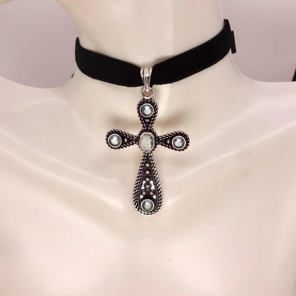 Vintage Rainbow Moonstone Cross Silver Bronze Black Velvet Choker Necklace