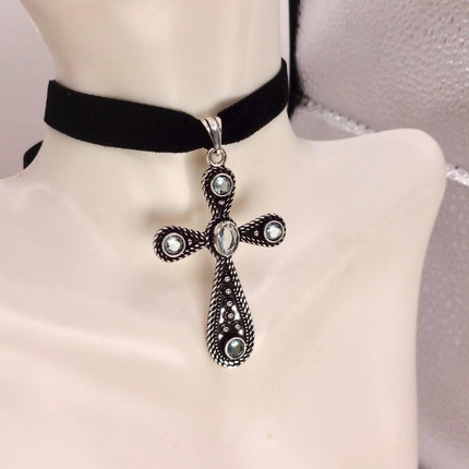 Vintage Rainbow Moonstone Cross Silver Bronze Black Velvet Choker Necklace