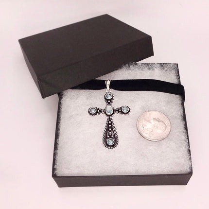 Vintage Rainbow Moonstone Cross Silver Bronze Black Velvet Choker Necklace