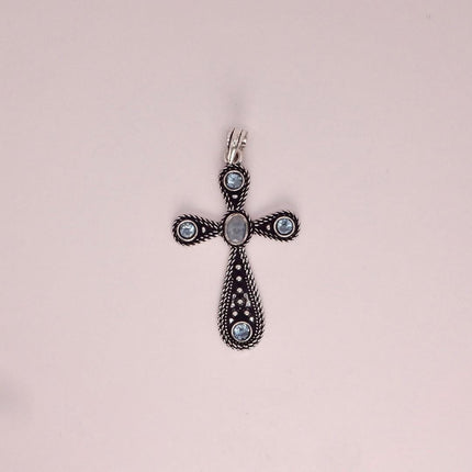 Vintage Rainbow Moonstone Cross Silver Bronze Black Velvet Choker Necklace