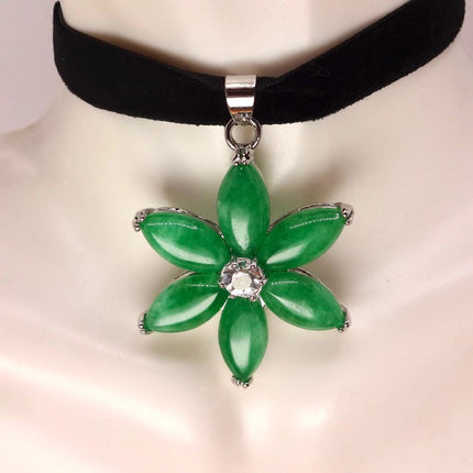 Vintage Green Jade Deco Pendant Choker Necklace - Silver Bronze