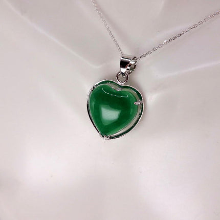 Vintage Green Jade Heart Shaped Choker 925 Sterling Silver Necklace