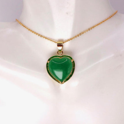 Vintage Green Jade Heart Shaped Pendant Necklace Golden 925 Sterling Silver Chain