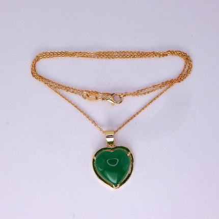 Vintage Green Jade Heart Shaped Pendant Necklace Golden 925 Sterling Silver Chain
