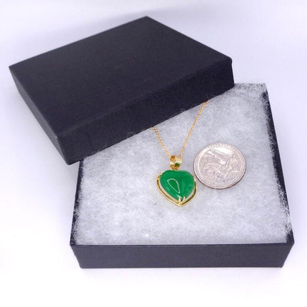 Vintage Green Jade Heart Shaped Pendant Necklace Golden 925 Sterling Silver Chain