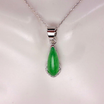 Vintage Green Jade white Gold GF Pendant Lucky Charm | 925 Sterling Silver chain Necklace