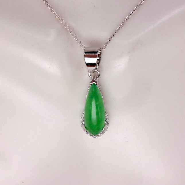 Vintage Green Jade white Gold GF Pendant Lucky Charm | 925 Sterling Silver chain Necklace