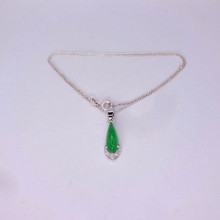 Vintage Green Jade white Gold GF Pendant Lucky Charm | 925 Sterling Silver chain Necklace