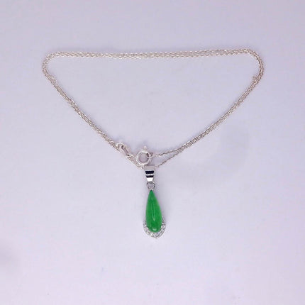 Vintage Green Jade white Gold GF Pendant Lucky Charm | 925 Sterling Silver chain Necklace