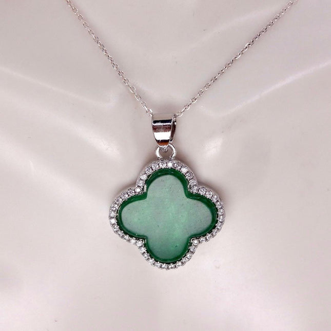 Vintage Green Jade white Gold GF Pendant Lucky Charm | 925 Sterling Silver chain Necklace